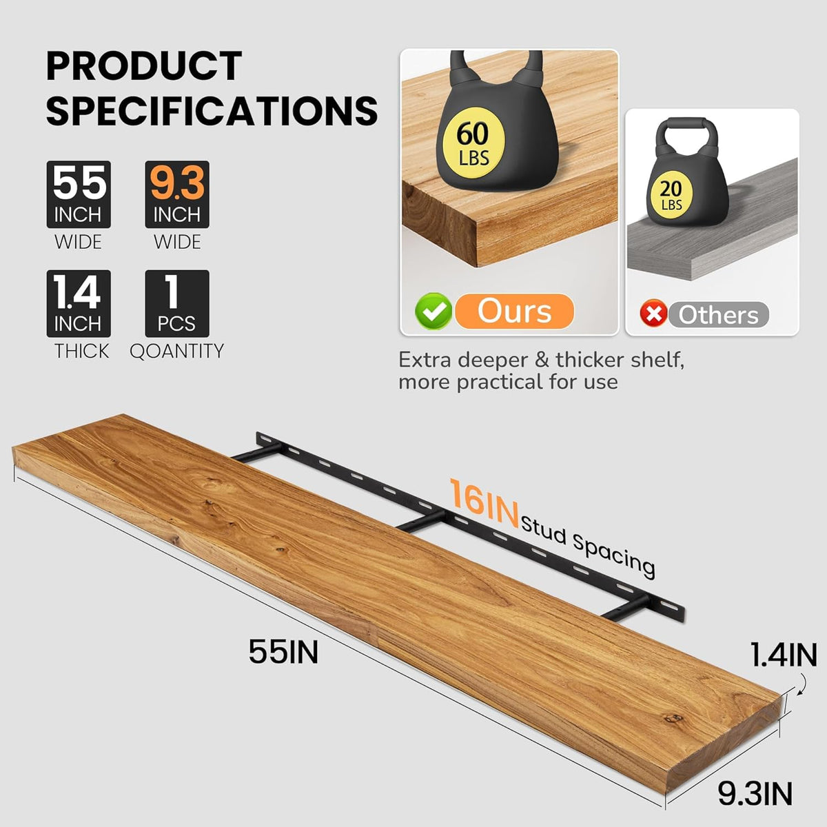 Fun Memories Floating Shelves for Wall, 55"x9.3" Rustic Solid Elm Wood Shelves, Heavy-Duty Wall