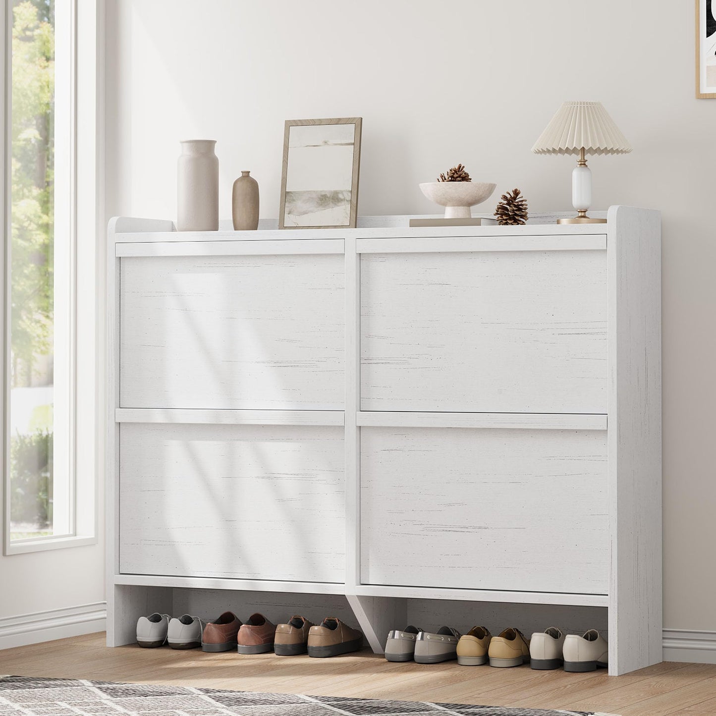 GarveeHome Shoe Cabinet with 4 Flip Drawers, Wooden Shoe Organizer Cabinet with Adjustable Shelf