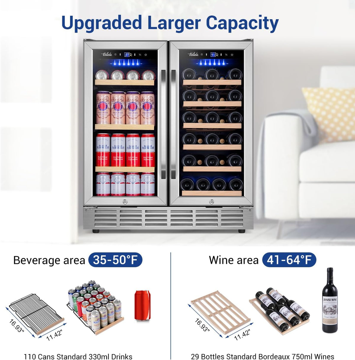 Wine and Beverage Refrigerator 30 Inch, Upgrade Dual Zone Wine Cooler, 30'' Wine beverage Fridge