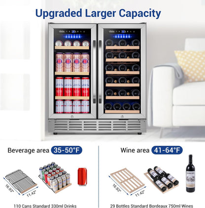 Wine and Beverage Refrigerator 30 Inch, Upgrade Dual Zone Wine Cooler, 30'' Wine beverage Fridge