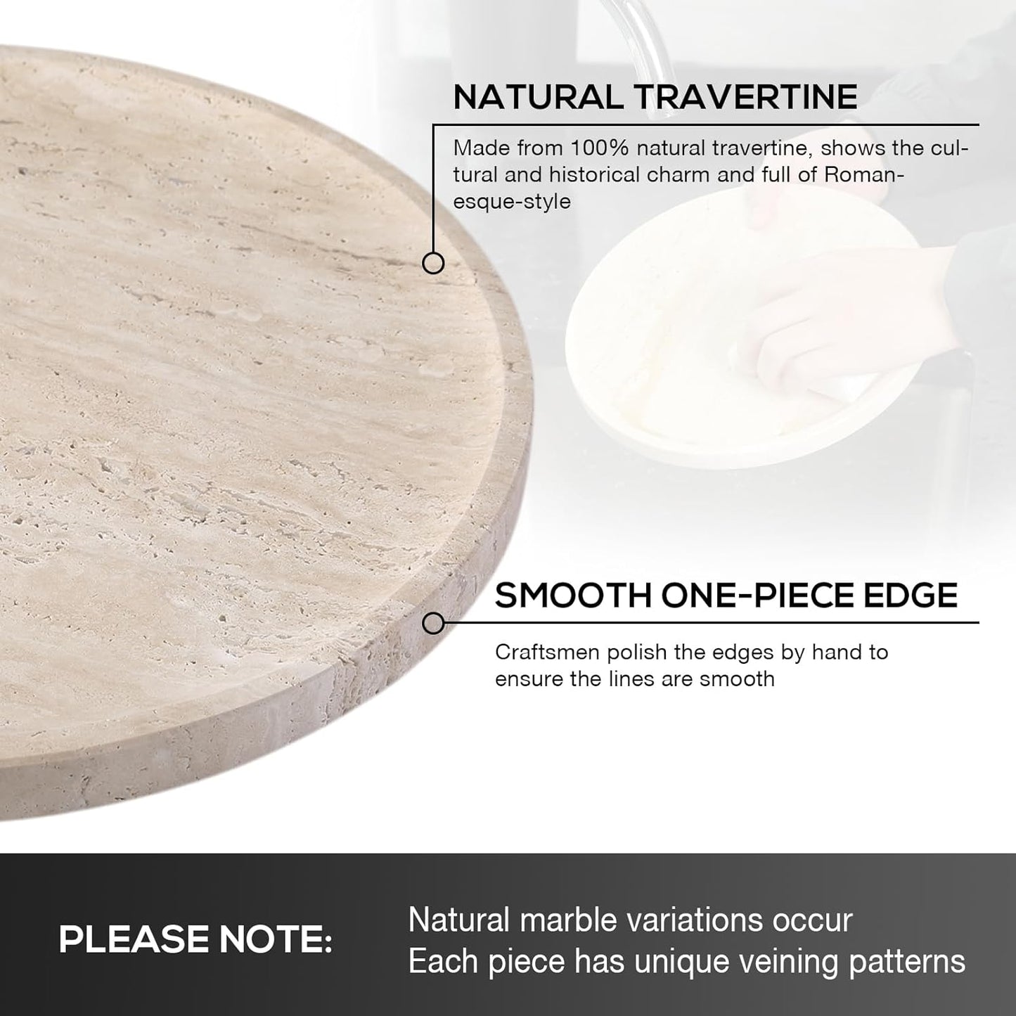 BCS Natural Travertine Tray, 9.8" Round Decorative Marble Vanity Tray for Bathroom Countertop