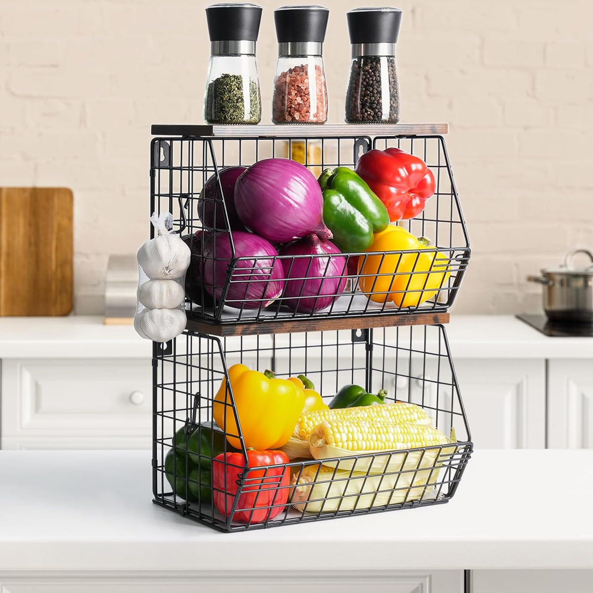 Fruit Bowl, Stackable Wall Mounted Fruit Basket of Smooth Wood Lid with 4 Banana Hanger Hooks