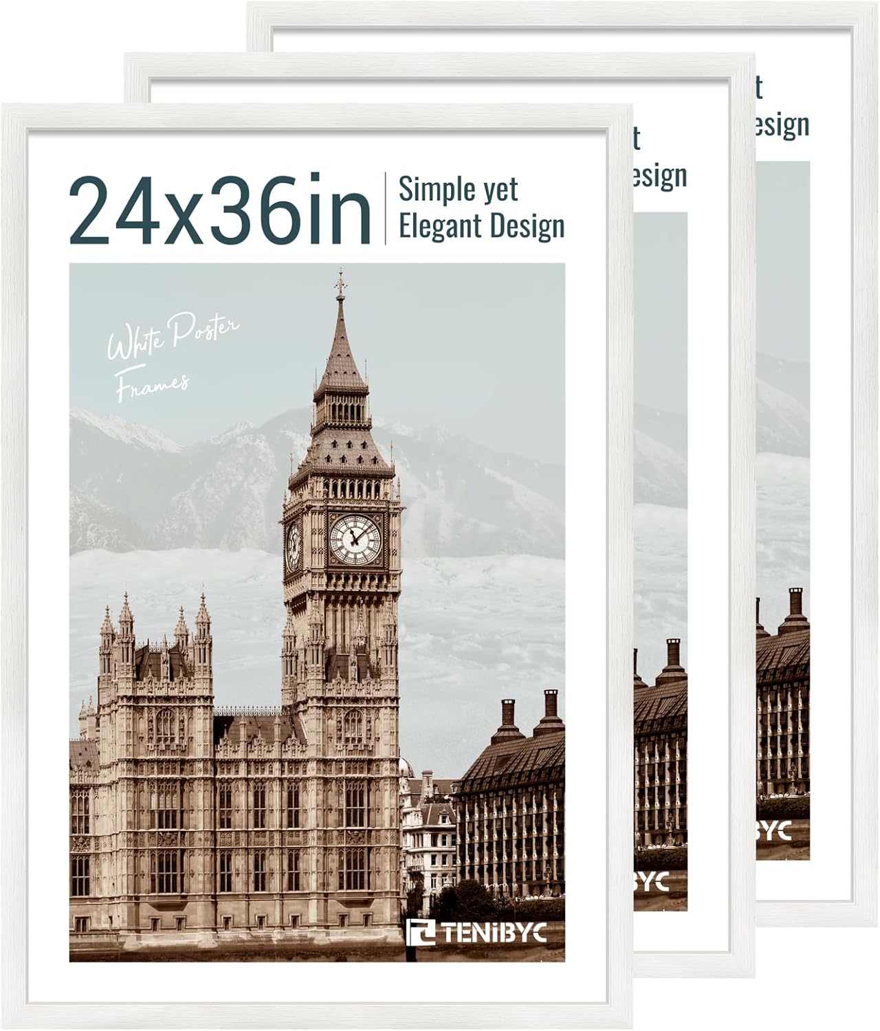 24x36 Poster Frame 3 Pack - White Woodgrain, Solid Wood Picture Frame, Wall Gallery Frame - Wall