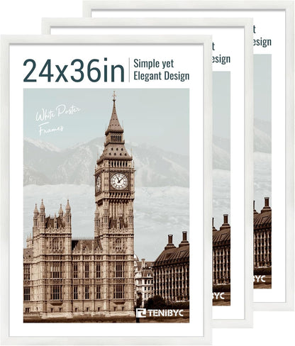 24x36 Poster Frame 3 Pack - White Woodgrain, Solid Wood Picture Frame, Wall Gallery Frame - Wall