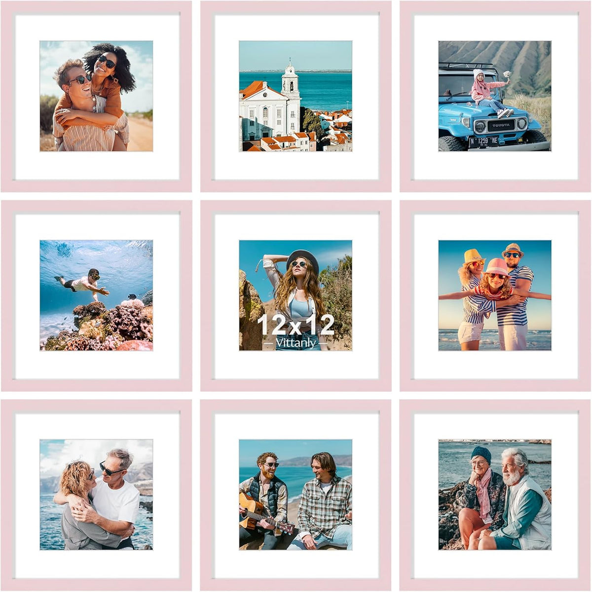 Vittanly 12x12 Picture Frame Set of 9 - Display 8x8 Photos with Mat or 12x12 Without Mat, Wall