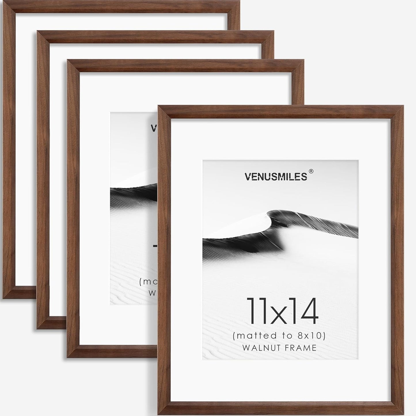 11x14 Picture Frame Set of 4 Natural Solid Walnut Photo Frames with 8x10 Removable Mat Wall Hanging