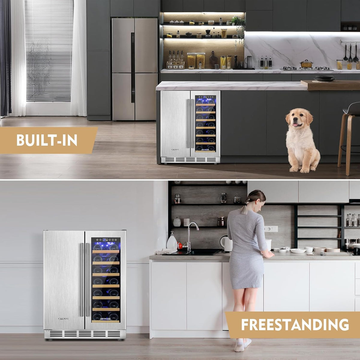 Wine and Beverage Refrigerator, 24 Inch Stainless Steels Beverage Fridge Dual Zone, Wine Beverage