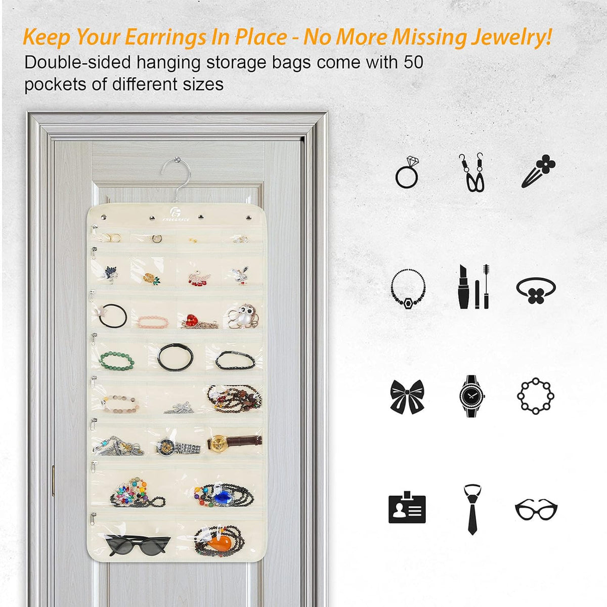 Freegrace Hanging Jewelry Organizer Revolving Hanger - Secure Zipper Closure - 50 Pockets
