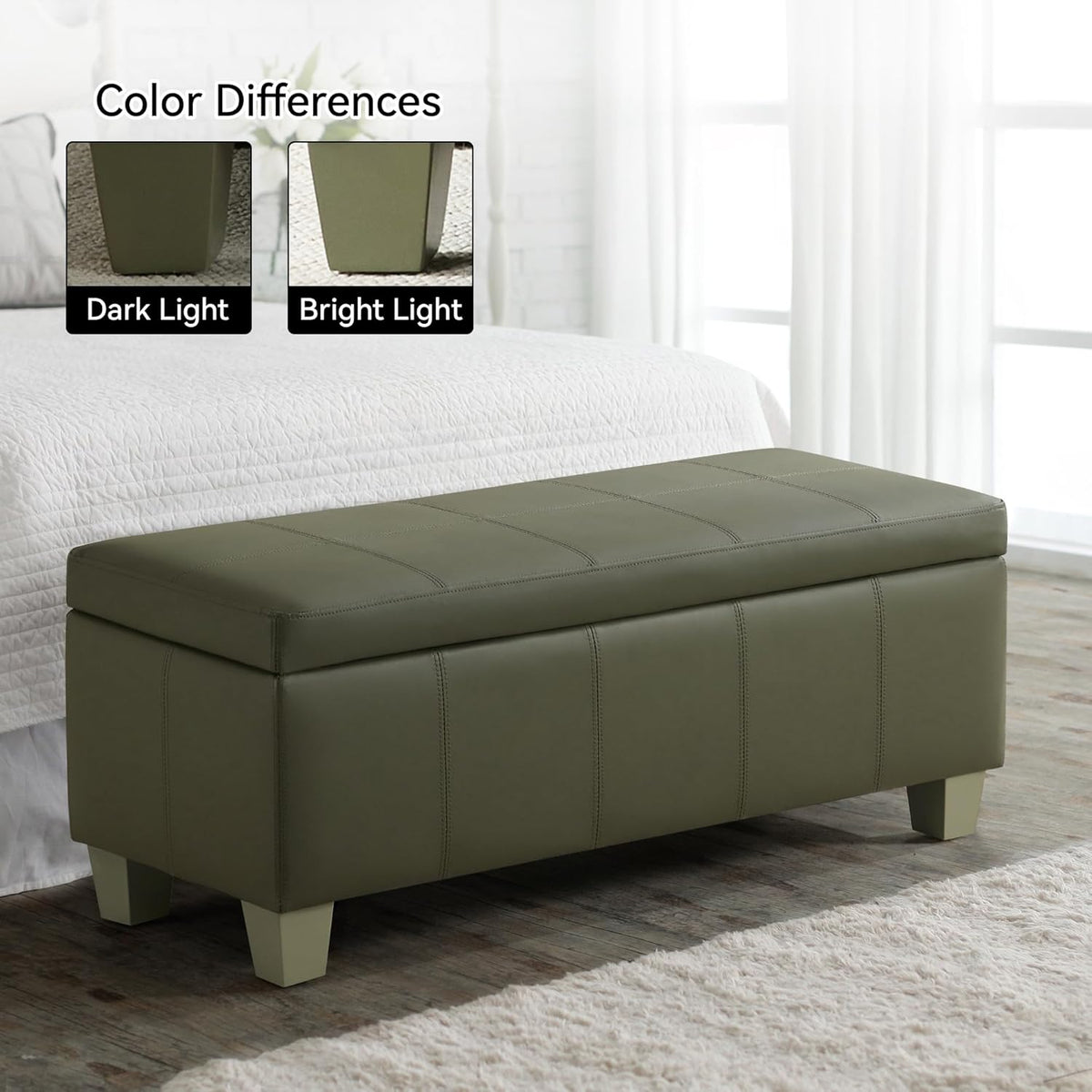 41" Faux Leather Storage Ottoman, Stitch Tufted Rectangle Upholstered End of Bed Storage Bench