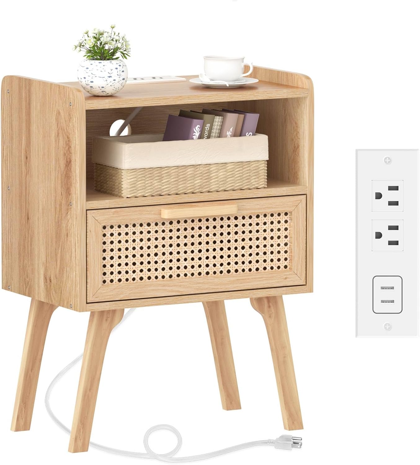 Lerliuo Rattan Nightstand with Charging Station, Boho Night Stand with Handmade Natural Rattan