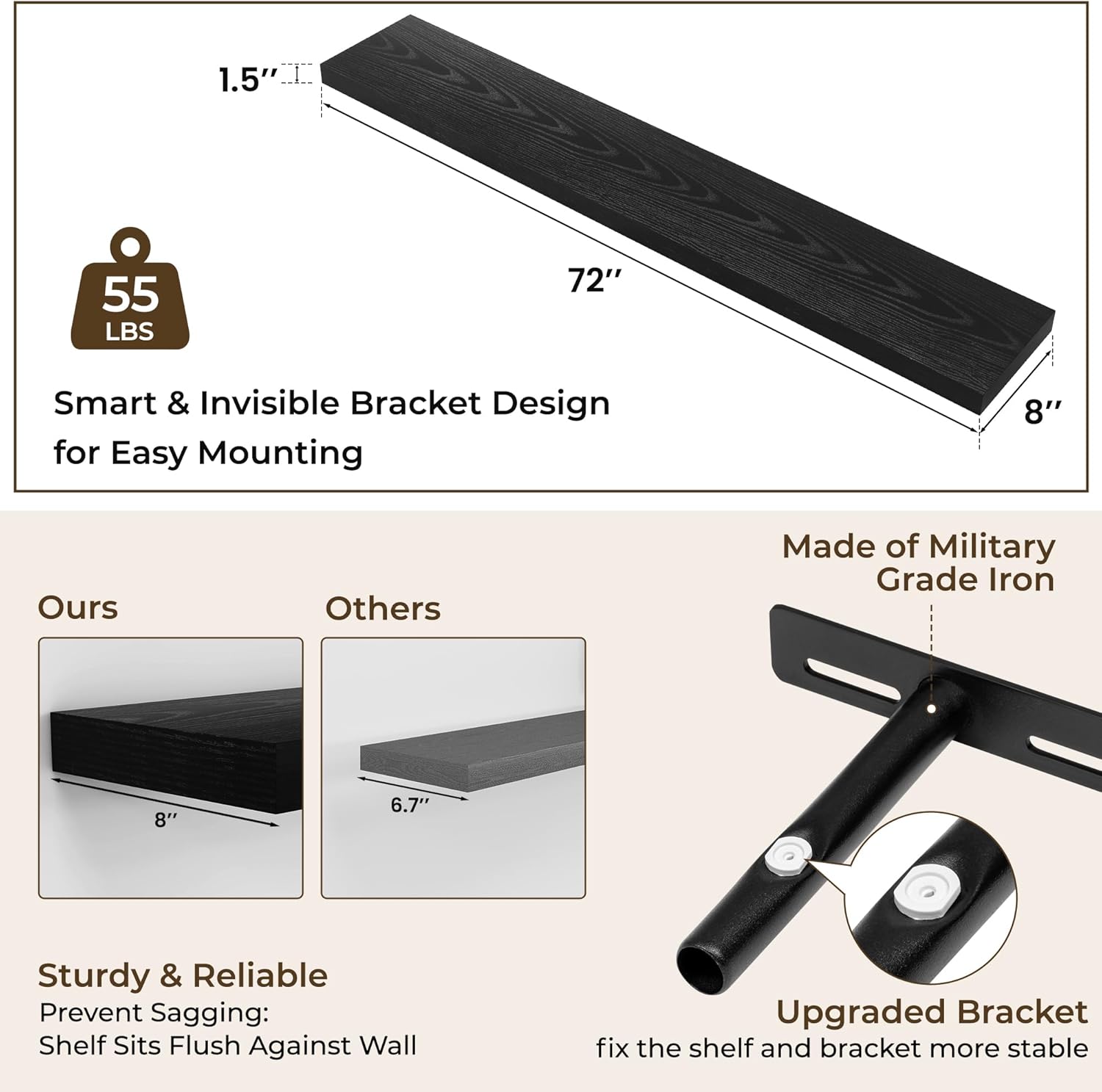 RICHFOCUS 72Inch Floating Shelves for Wall 2 Pack Shelves for Bedroom|Kitchen|Bathroom Wall Mounted