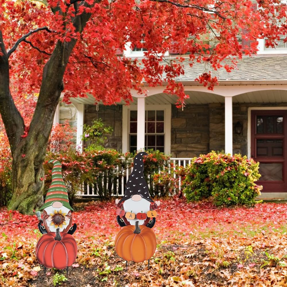 hogardeck Fall Decorations for Home Outdoor, 2 Pcs Metal Gnome Decorative Garden Stakes with