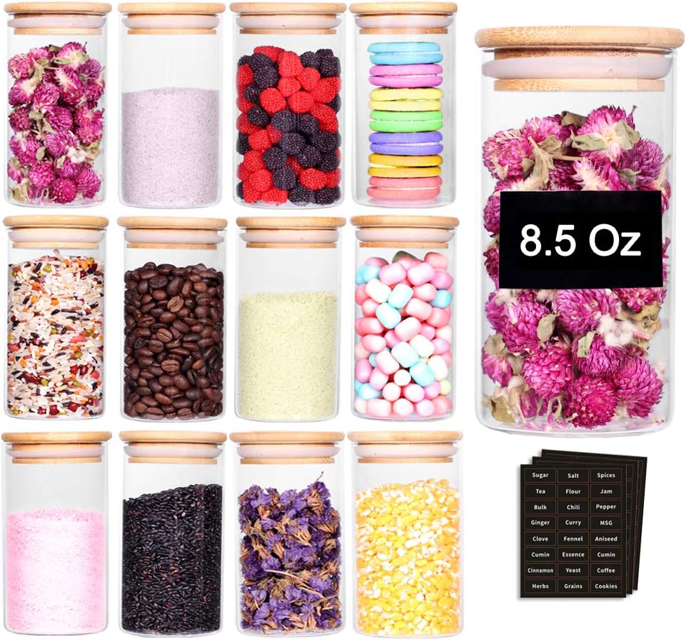 12 Pcs Glass Spice Jars - 8.5oz Empty Small Glass Bottles with Bamboo Airtight Lids and Labels