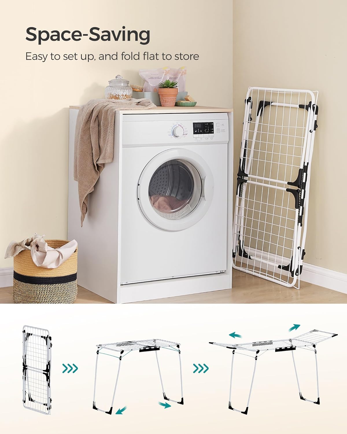 SONGMICS Clothes Drying Rack Foldable, Gullwing Laundry Drying Rack, Space-Saving, 22.2 x 68.1 x 38