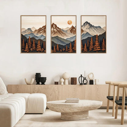 HLNIUC Large Boho Mountain Framed Canvas Wall Art Set,Woodcut Style Mountain Wall Decor,Vintage