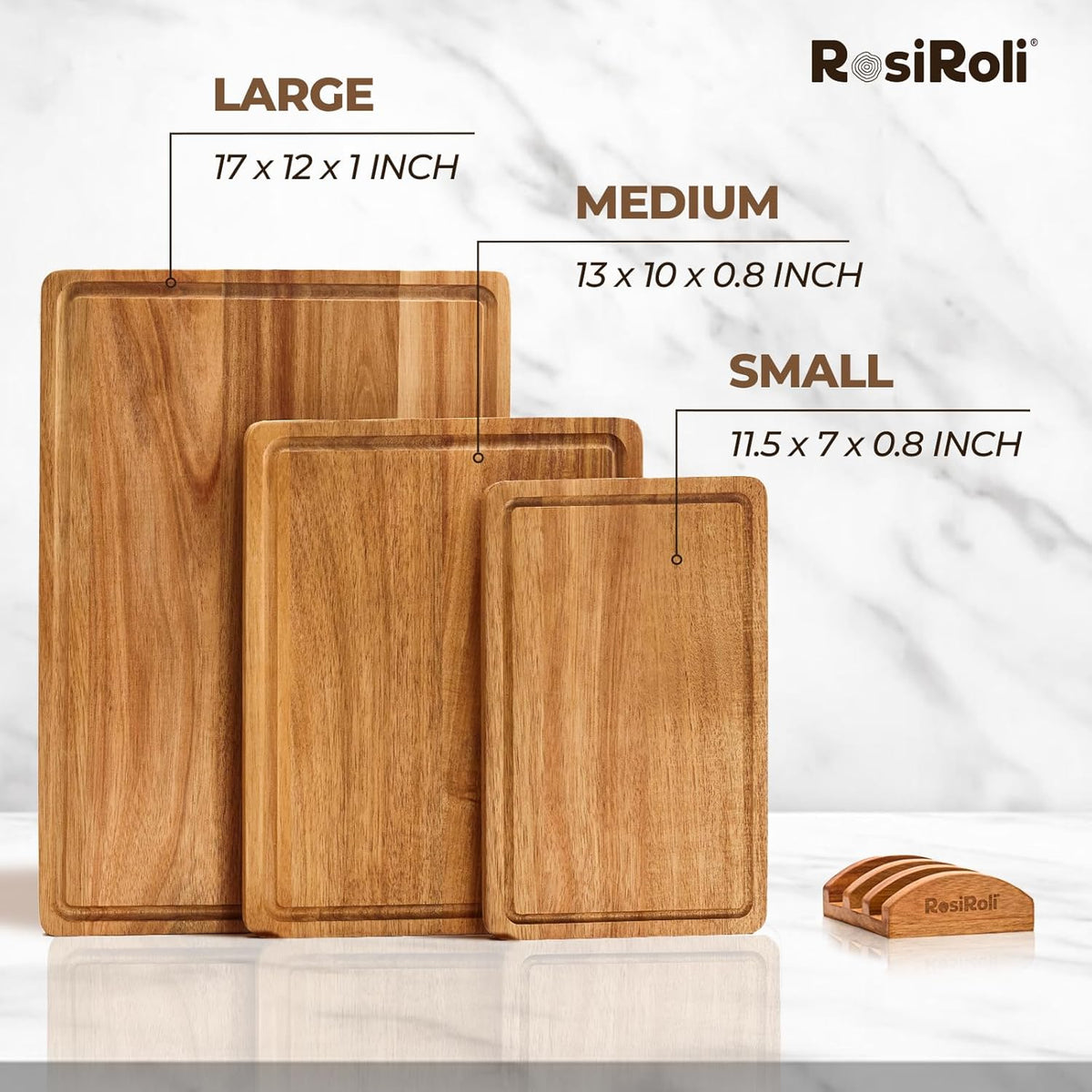 Acacia Wood Cutting Board for Kitchen, 3 Set with Holder - FSC Certified Large Wood Charcuterie