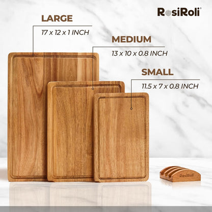 Acacia Wood Cutting Board for Kitchen, 3 Set with Holder - FSC Certified Large Wood Charcuterie