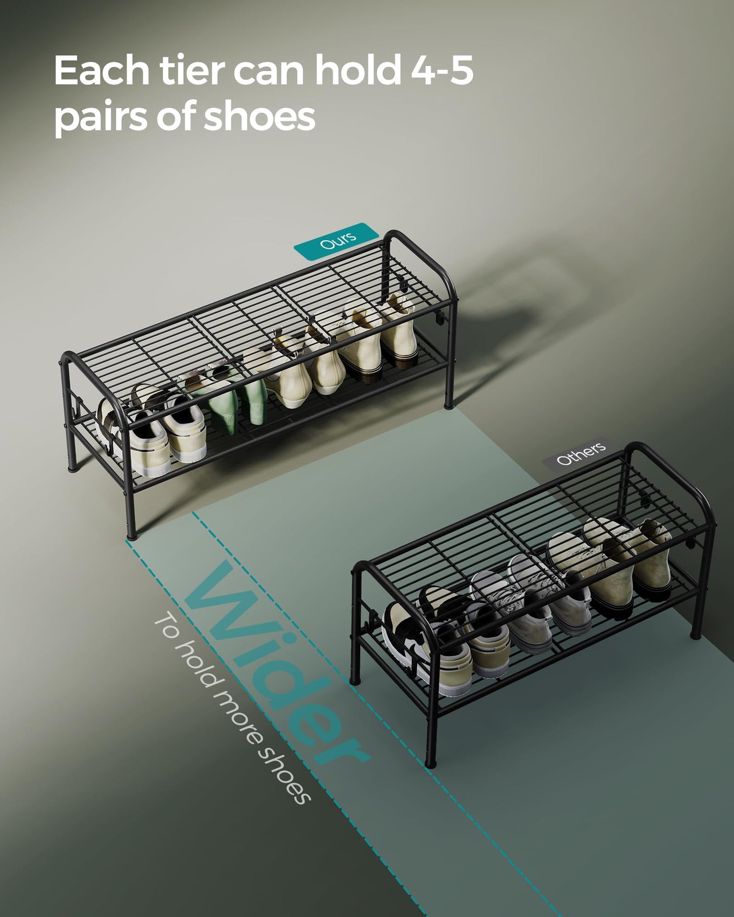 SONGMICS Shoe Rack, 2-Tier Shoe Organizer, Metal Shoe Shelf Storage with 4 Side Hooks, Holds 12