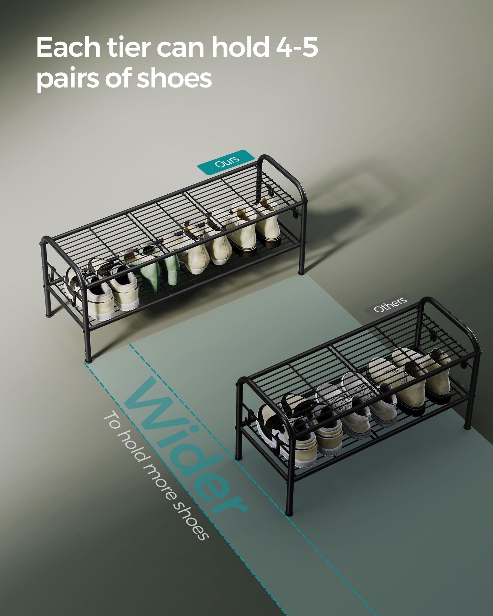 SONGMICS Shoe Rack, 2-Tier Shoe Organizer, Metal Shoe Shelf Storage with 4 Side Hooks, Holds 12
