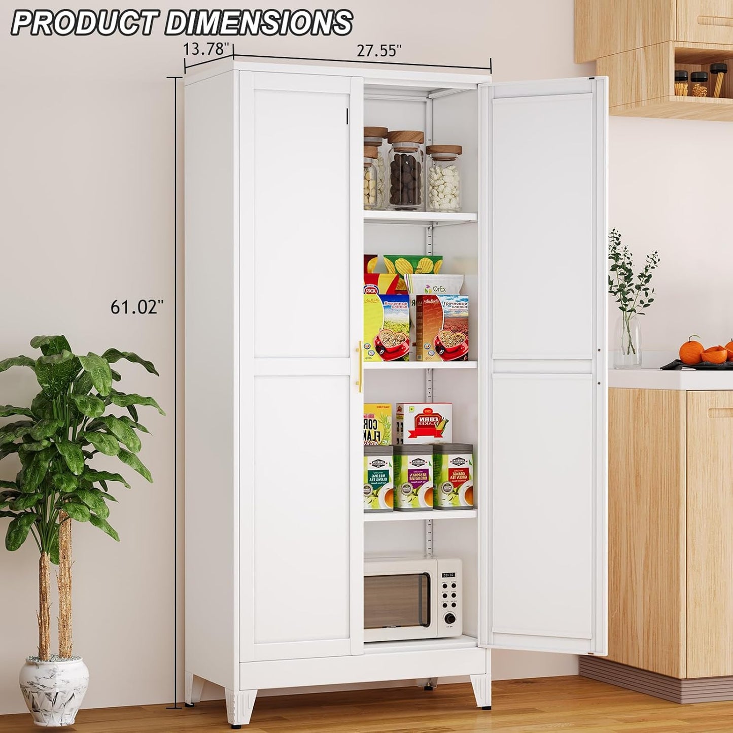 Metal Pantry Cabinet with 2 Doors and Adjustable Shelves - 61" Kitchen Storage Cabinet with Gold