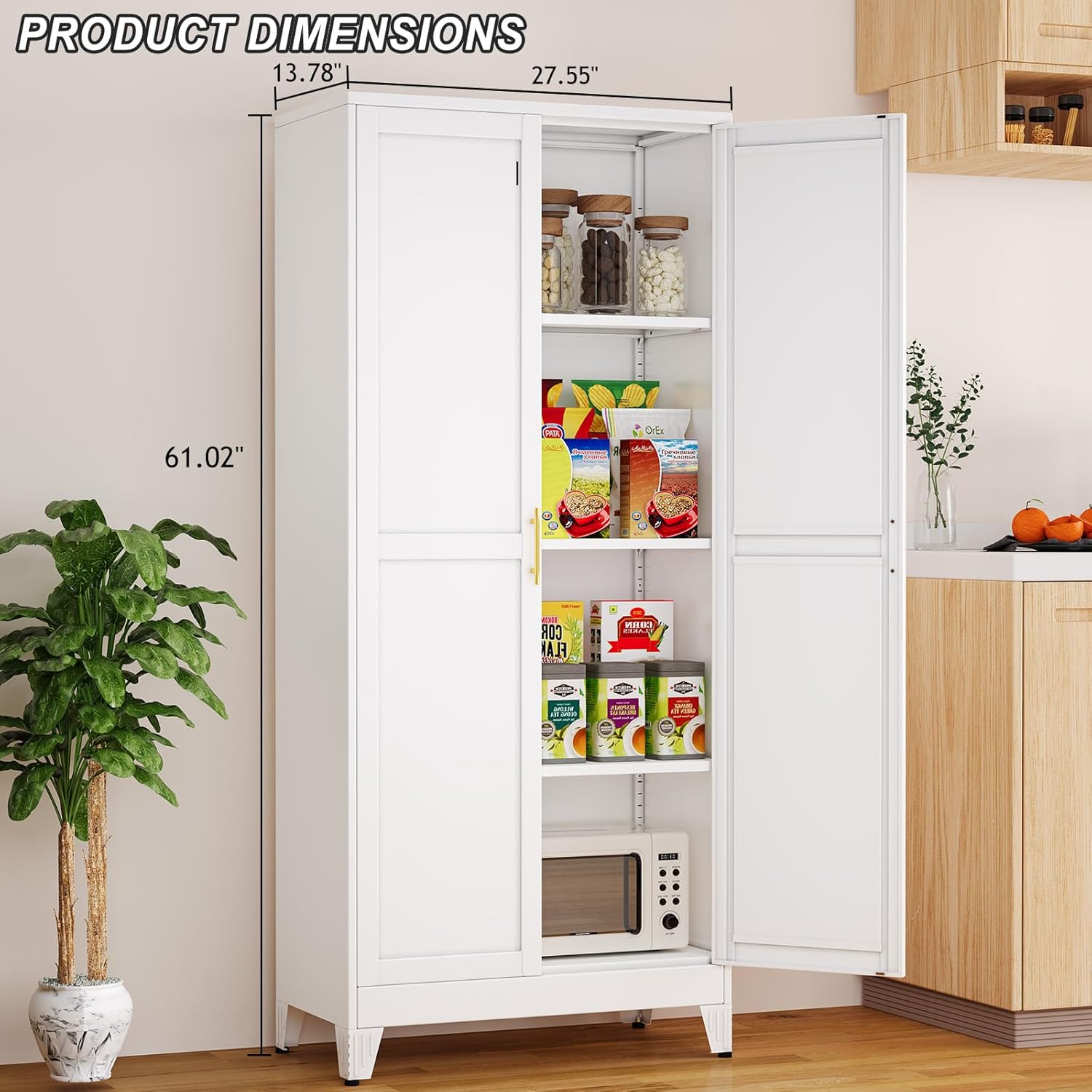 Metal Pantry Cabinet with 2 Doors and Adjustable Shelves - 61" Kitchen Storage Cabinet with Gold
