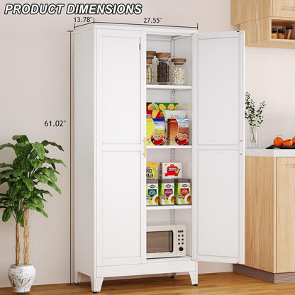 Metal Pantry Cabinet with 2 Doors and Adjustable Shelves - 61" Kitchen Storage Cabinet with Gold