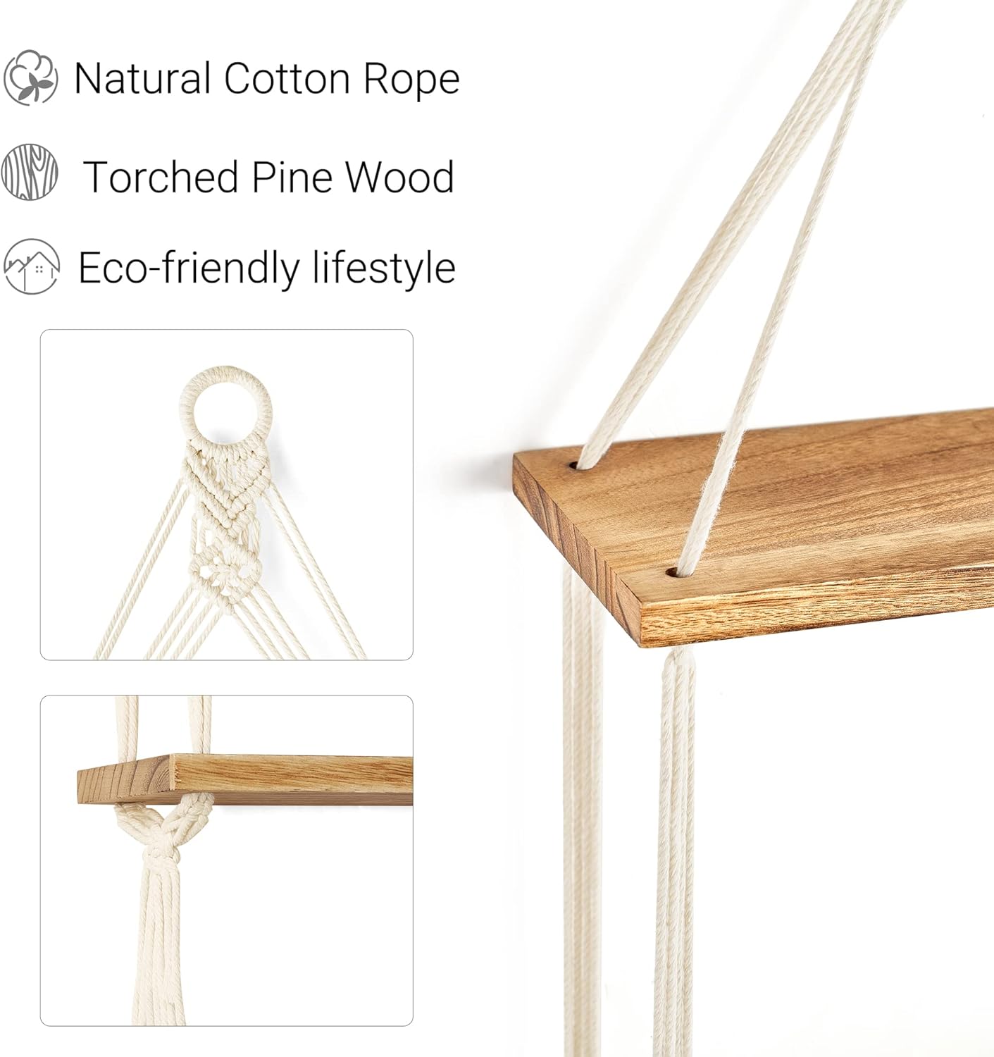 Mkono Macrame Hanging Shelf Boho Wall Decor 2 Tier Handmade Cotton Rope Rustic Wood Floating