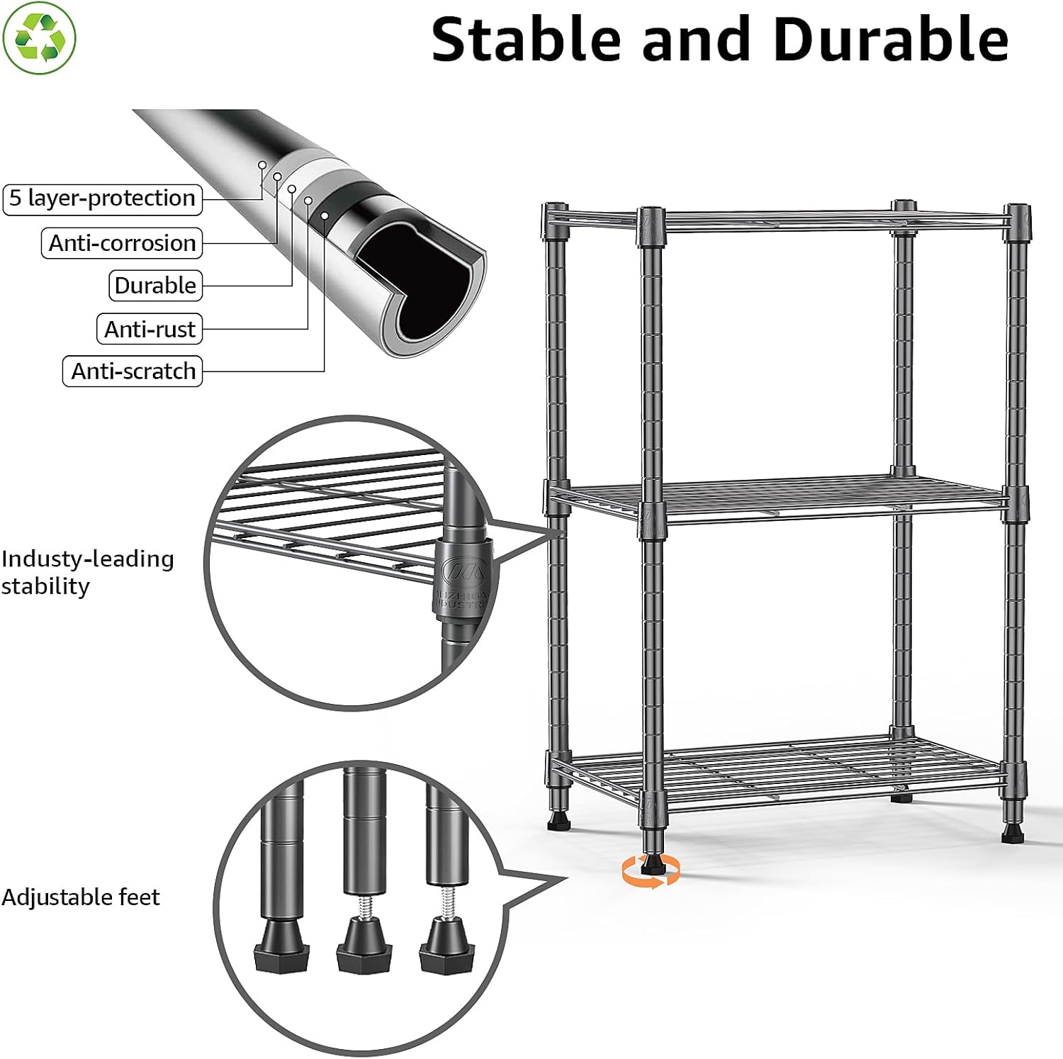 450 lbs Steel Storage Shelving 3-Tier Utility Shelving Unit Steel Organizer Wire Rack for