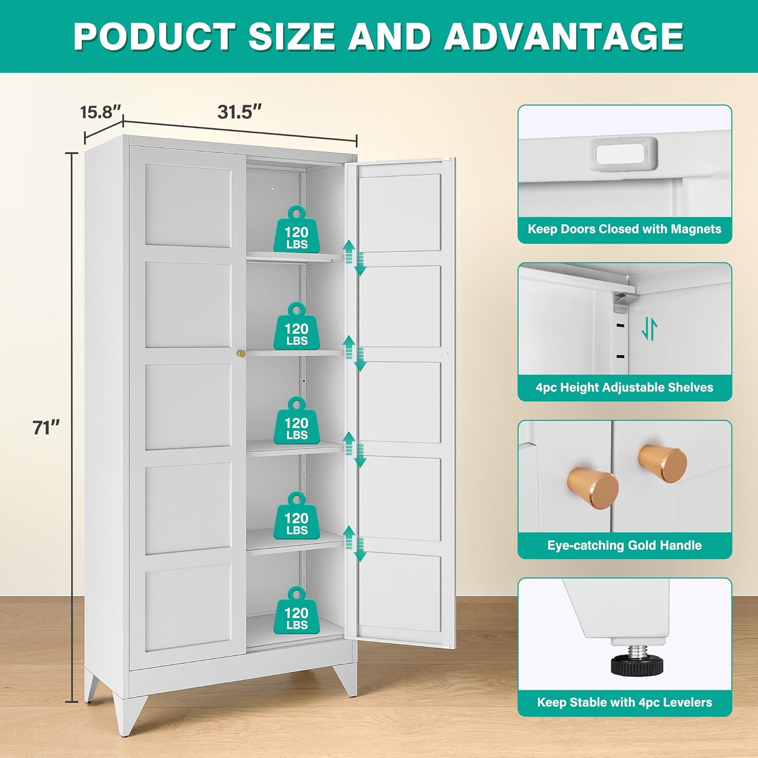 Metal Storages Cabinet with 2 Doors and 5 Shelves,Tall Storage Cabinet,Large Cupboard Closet,Pantry