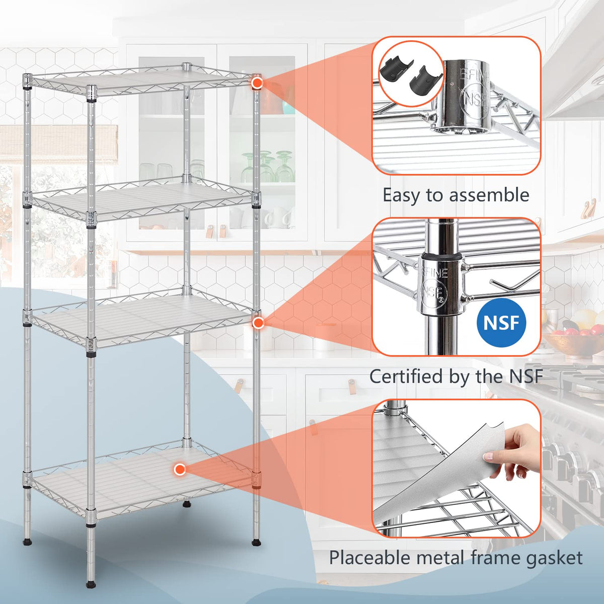 FDW 18L x 12W x 44H Wire Shelves with 4 PP Sheets Metal Shelf Storage Shelves 4 Tier Layer Storage