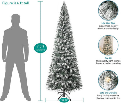 Naomi Home Salzburg 7.5ft Frosted Prelit Slim Artificial Christmas Tree with 1102 Branch Tips, 350