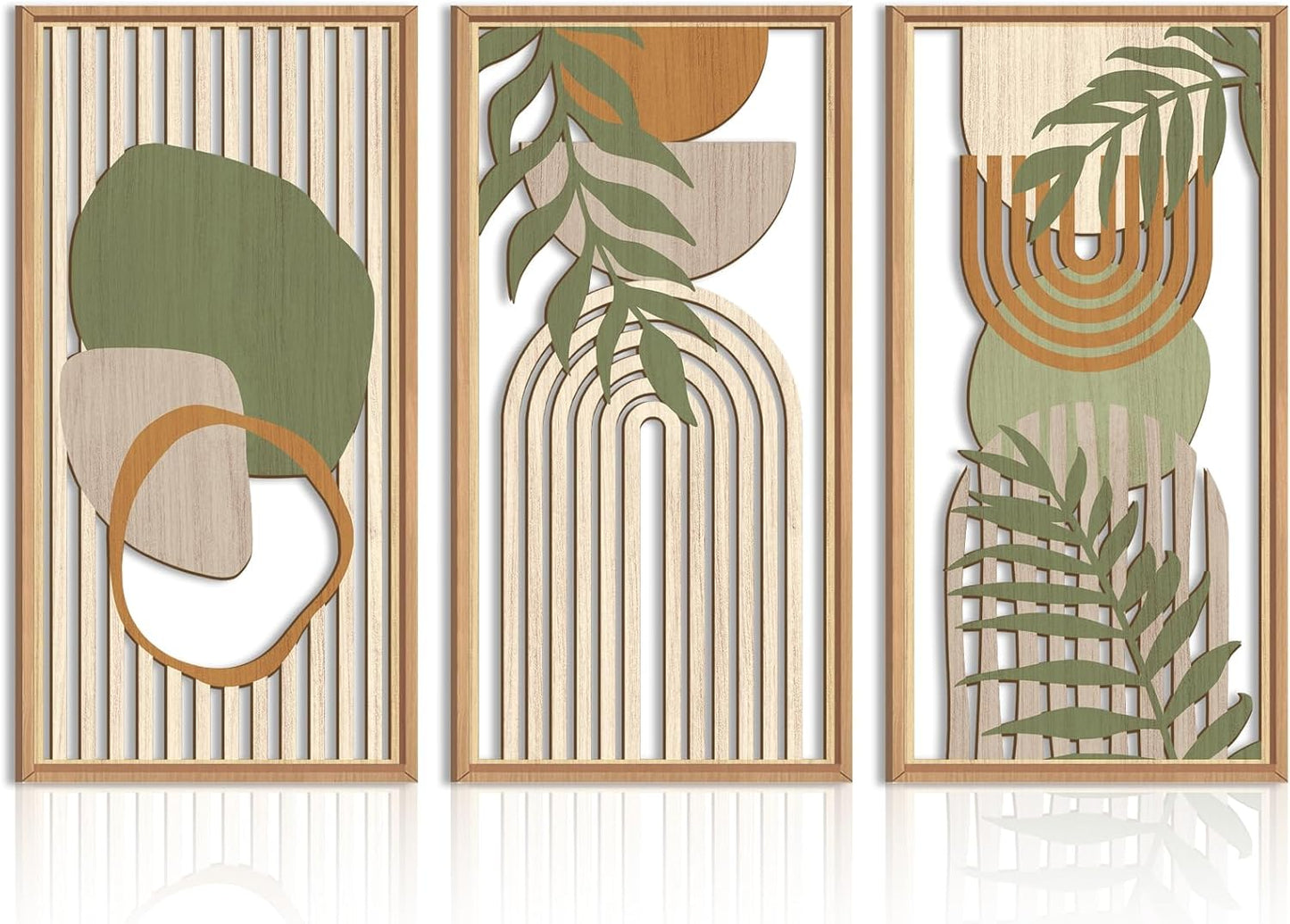 IARTTOP Large Boho Wood Wall Art Framed Mid-century Modern Wooden Wall Decor Set of 3 Green