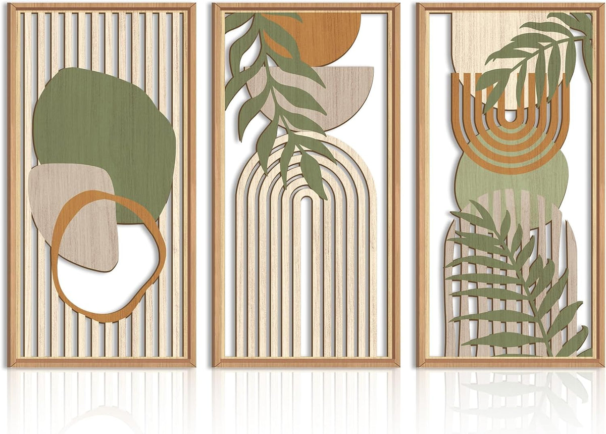 IARTTOP Large Boho Wood Wall Art Framed Mid-century Modern Wooden Wall Decor Set of 3 Green