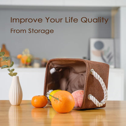 TheWarmHome Small Fabric Canvas Storage Bin with Cotton Rope Handles - Foldable Empty Basket for