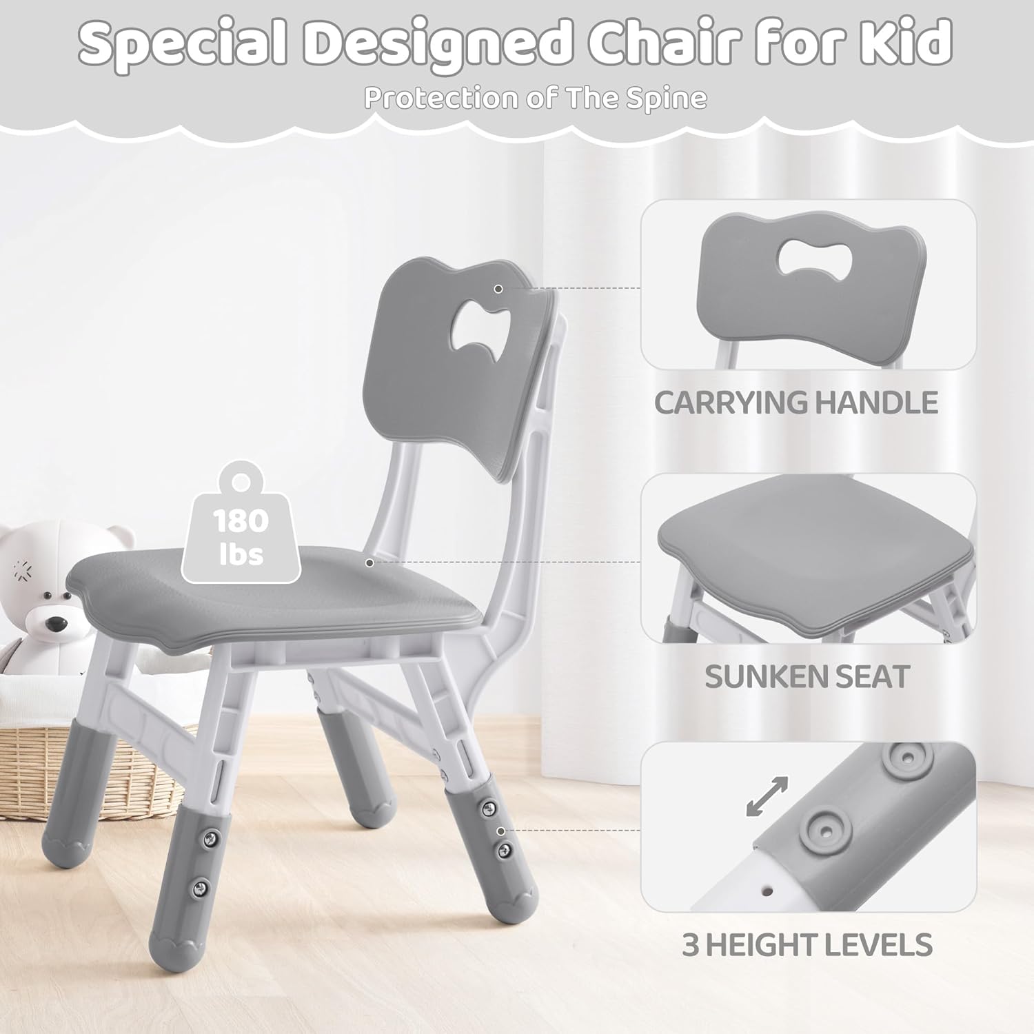 Kids Table and 2 Chairs Set, Height Adjustable (17.7"-26.1") Toddler Table and Chair Set
