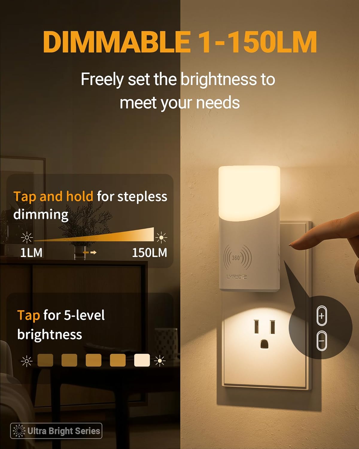 Lyridz LED Plug-in Night Light with 360° Motion Sensor, 1-150 Lumens Dimmable Nightlights Indoor
