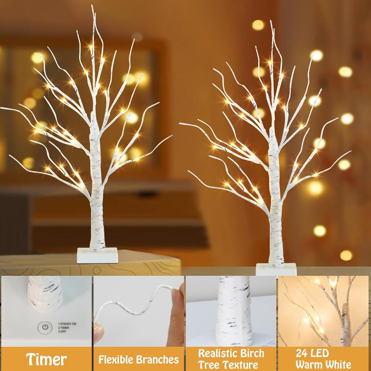 EAMBRITE Lighted Birch Tree Christmas Decorations Indoor for Home, 2Pack 24 LED Battery