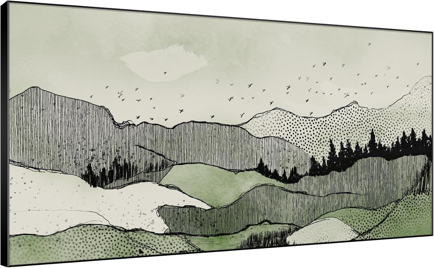 SIGNWIN 36"x72" Extra Large Framed Wall Art Green Line Art Mountain Landscape Illustration for Home