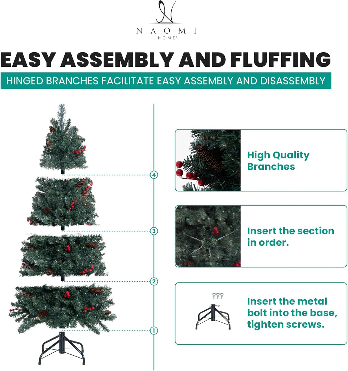 Naomi Home Belen 7.5ft Pencil Christmas Tree Prelit pre-Decorated with Pine Cones, Red Berries
