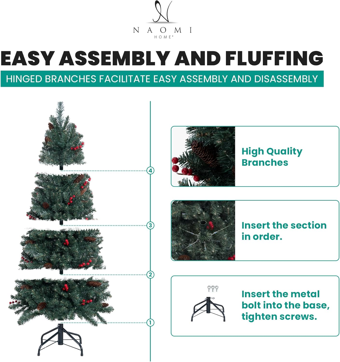 Naomi Home Belen 7.5ft Pencil Christmas Tree Prelit pre-Decorated with Pine Cones, Red Berries