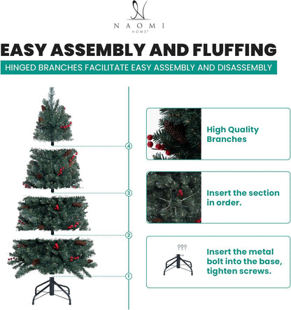 Naomi Home Belen 7.5ft Pencil Christmas Tree Prelit pre-Decorated with Pine Cones, Red Berries