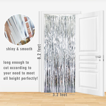 GOER 3.2 ft x 8.2 ft Metallic Tinsel Foil Fringe Curtains Party Photo Backdrop Party Streamers for