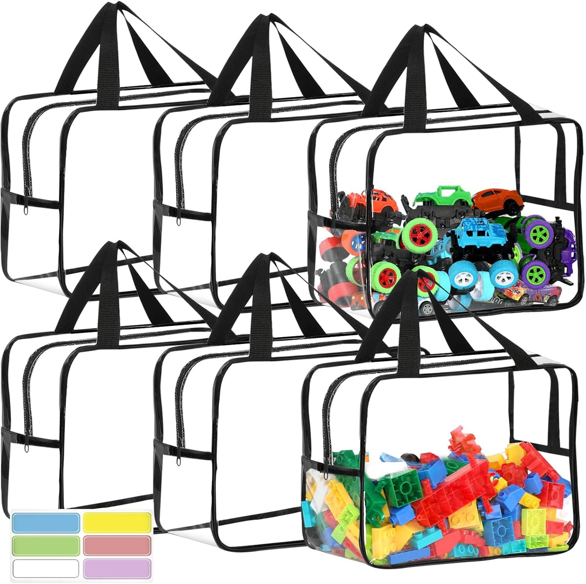 6 Packs Widen X-Large Toy Storage Bags 12.6×9.25×6.9In with Labels, Reusable Clear PVC Board Game