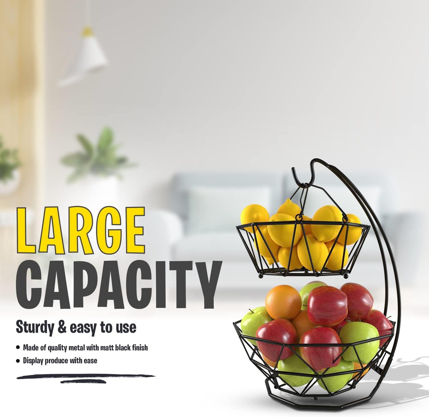 Fruit Basket with Banana Hanger and Fruit Bowl. Kitchen Counter Fruit Bowl with Banana Holder used