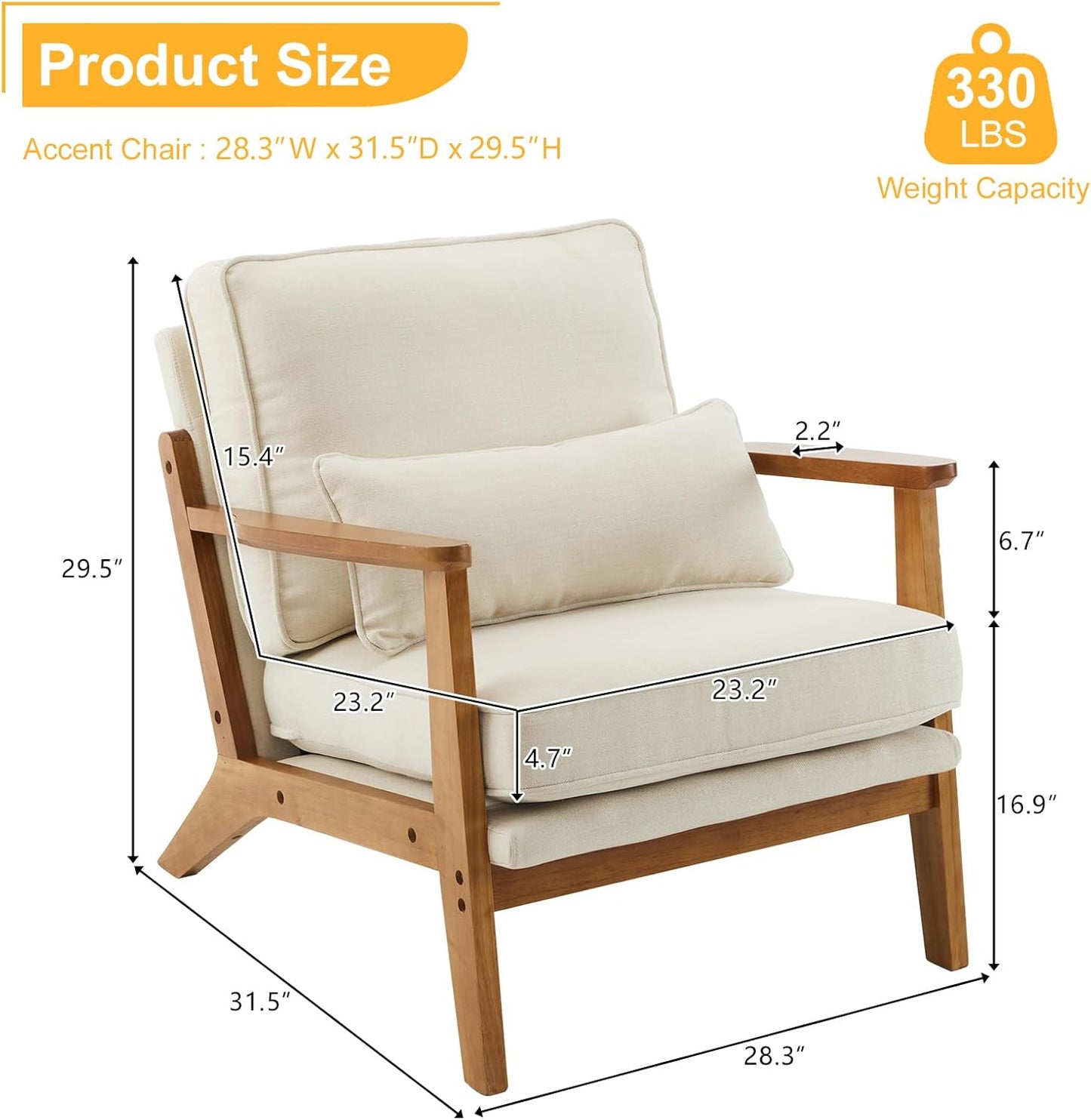 Karl home Accent Chair Wide Armrest Mid-Century Lounge Chair Linen Fabric Armchair with Lumbar