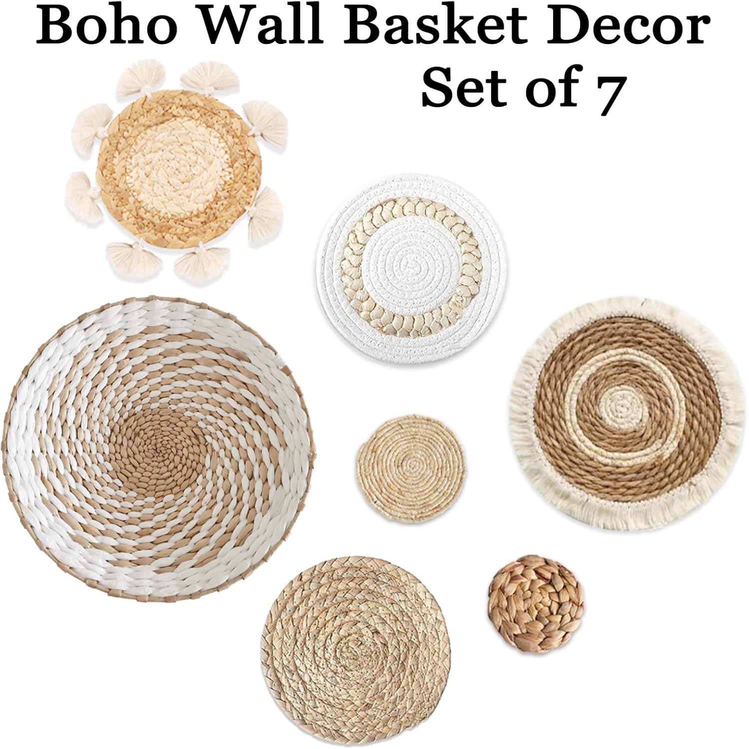 7 Pack Boho Wall Basket Decor - Seagrass Rattan Wicker Wall Decor Round Handmade Hanging Rustic