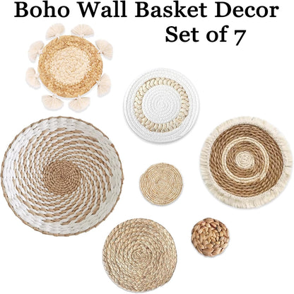 7 Pack Boho Wall Basket Decor - Seagrass Rattan Wicker Wall Decor Round Handmade Hanging Rustic