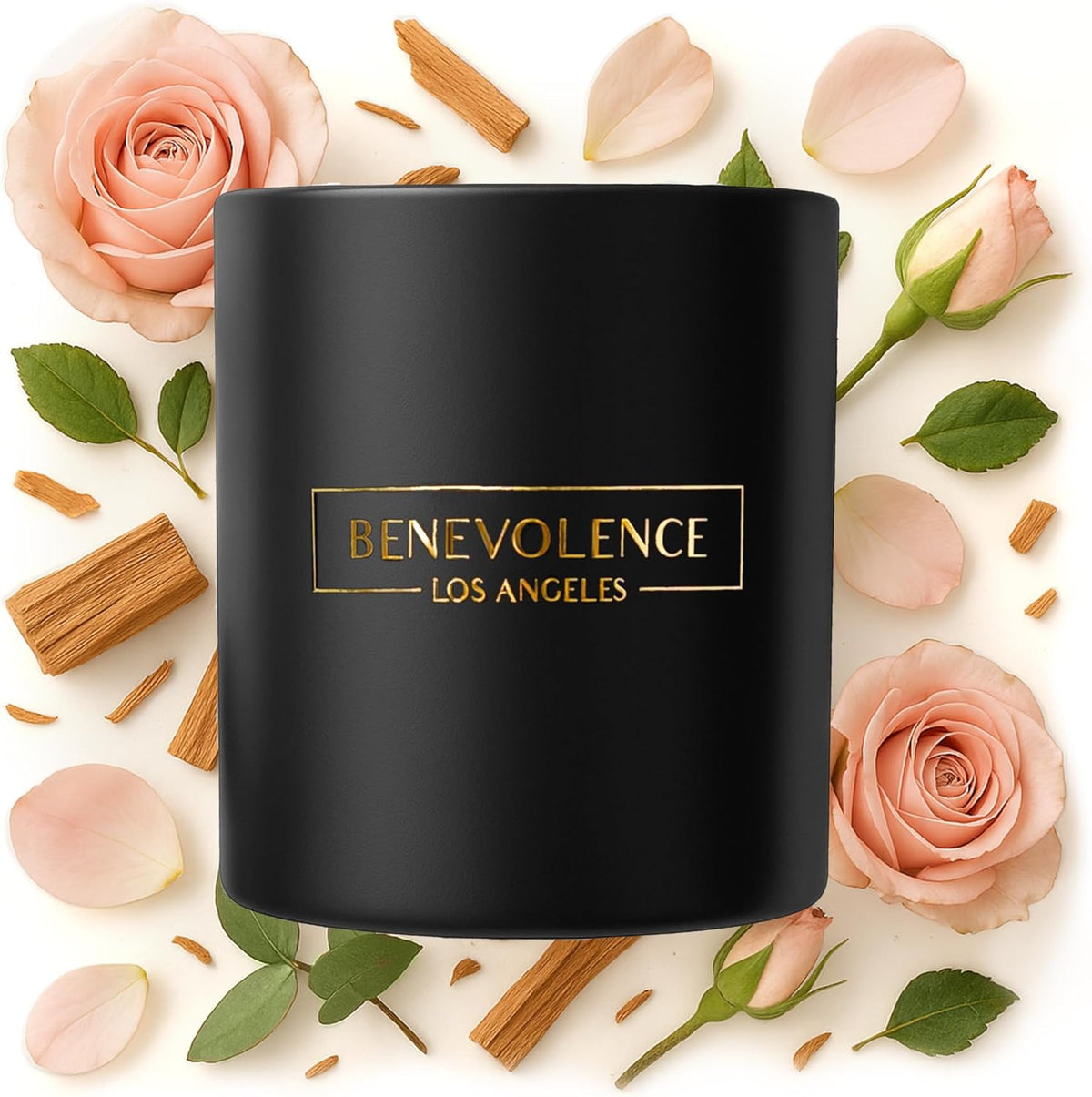Benevolence LA Rose & Sandalwood Scented Candle | Soy Candles, Black Candle for Home | Gifts for