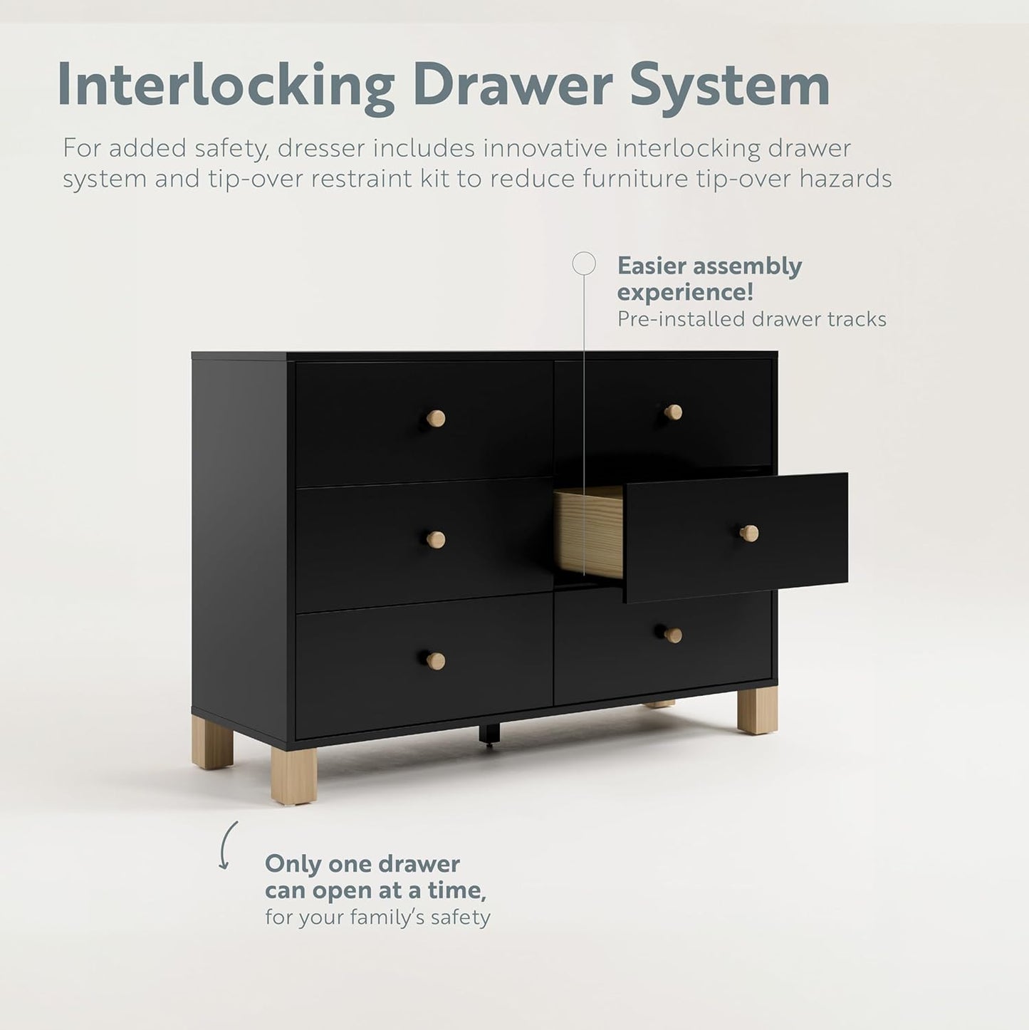 Storkcraft California 6-Drawer Double Dresser (Black with Driftwood) - GREENGUARD Gold Certified