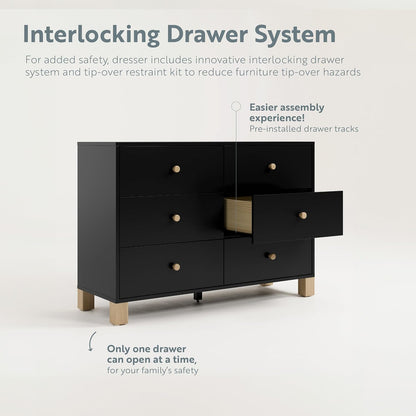 Storkcraft California 6-Drawer Double Dresser (Black with Driftwood) - GREENGUARD Gold Certified